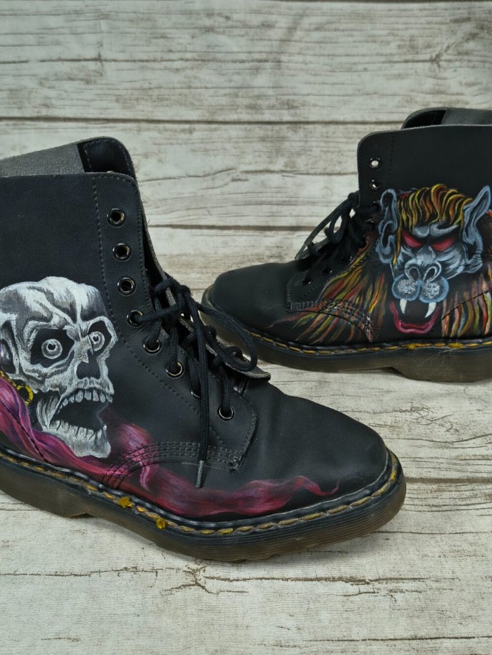 Vintage Dr. Martens 1460 Made in England Hand Painted Skull Beast Boots Size 4